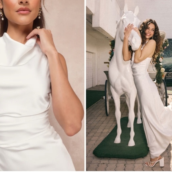 LULU's Bridal Satin Cowl Neck Modest Elegant Open Back Sophisticated Maxi Gown - Picture 5 of 7